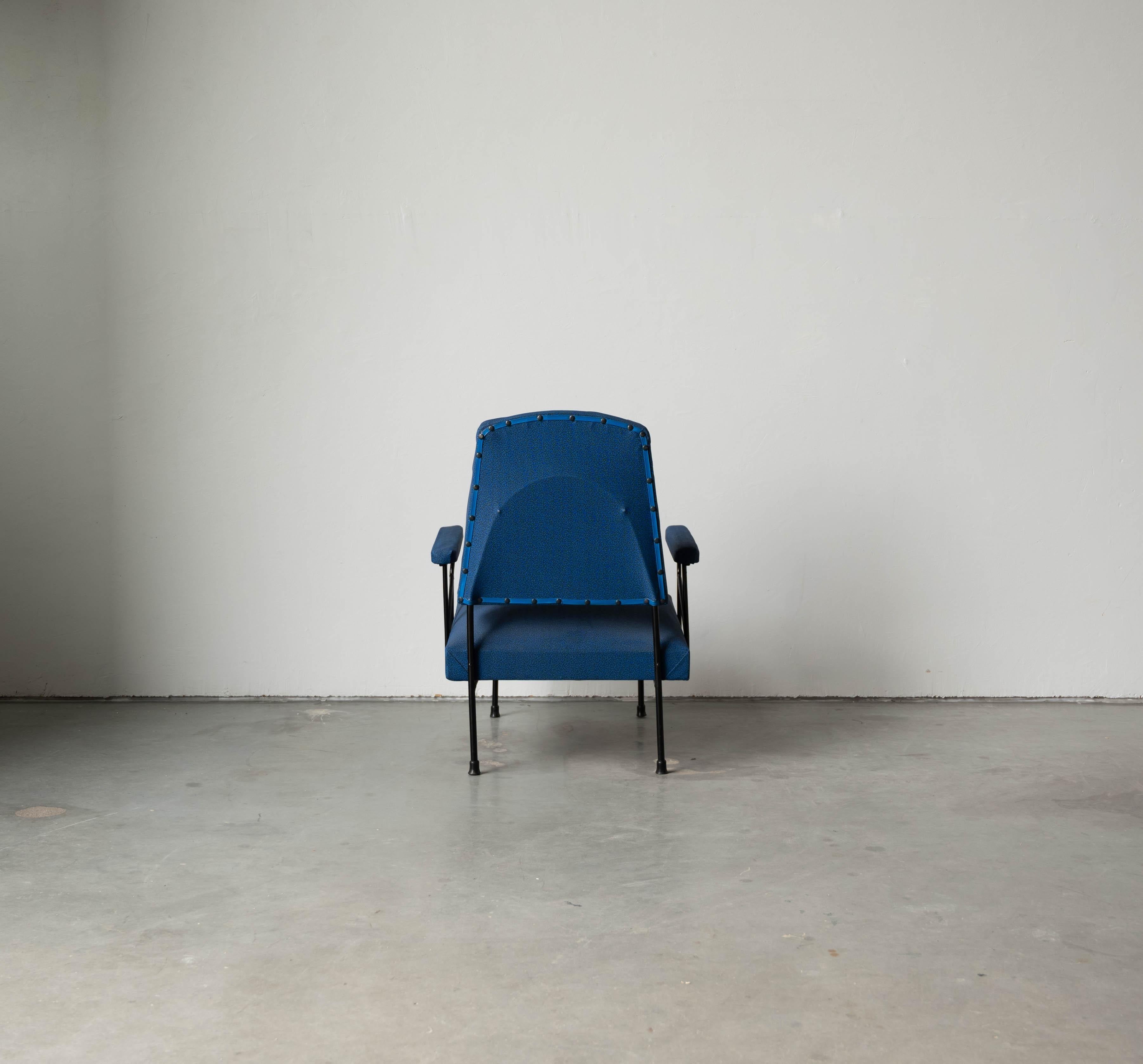 Mid-20th Century Italian Designer, Lounge Chair, Metal, Blue Fabric Italy, 1940s