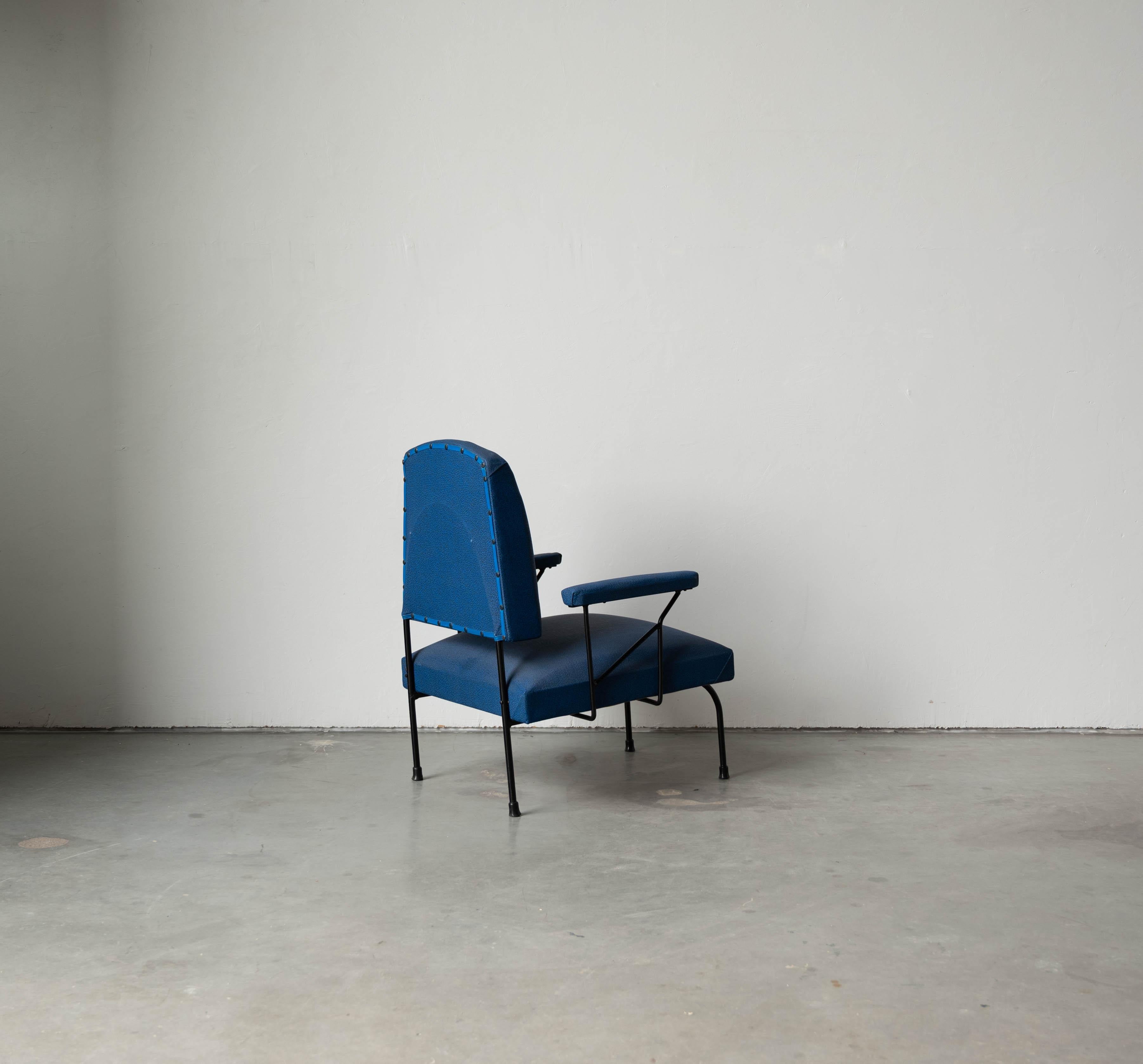 Italian Designer, Lounge Chair, Metal, Blue Fabric Italy, 1940s 1