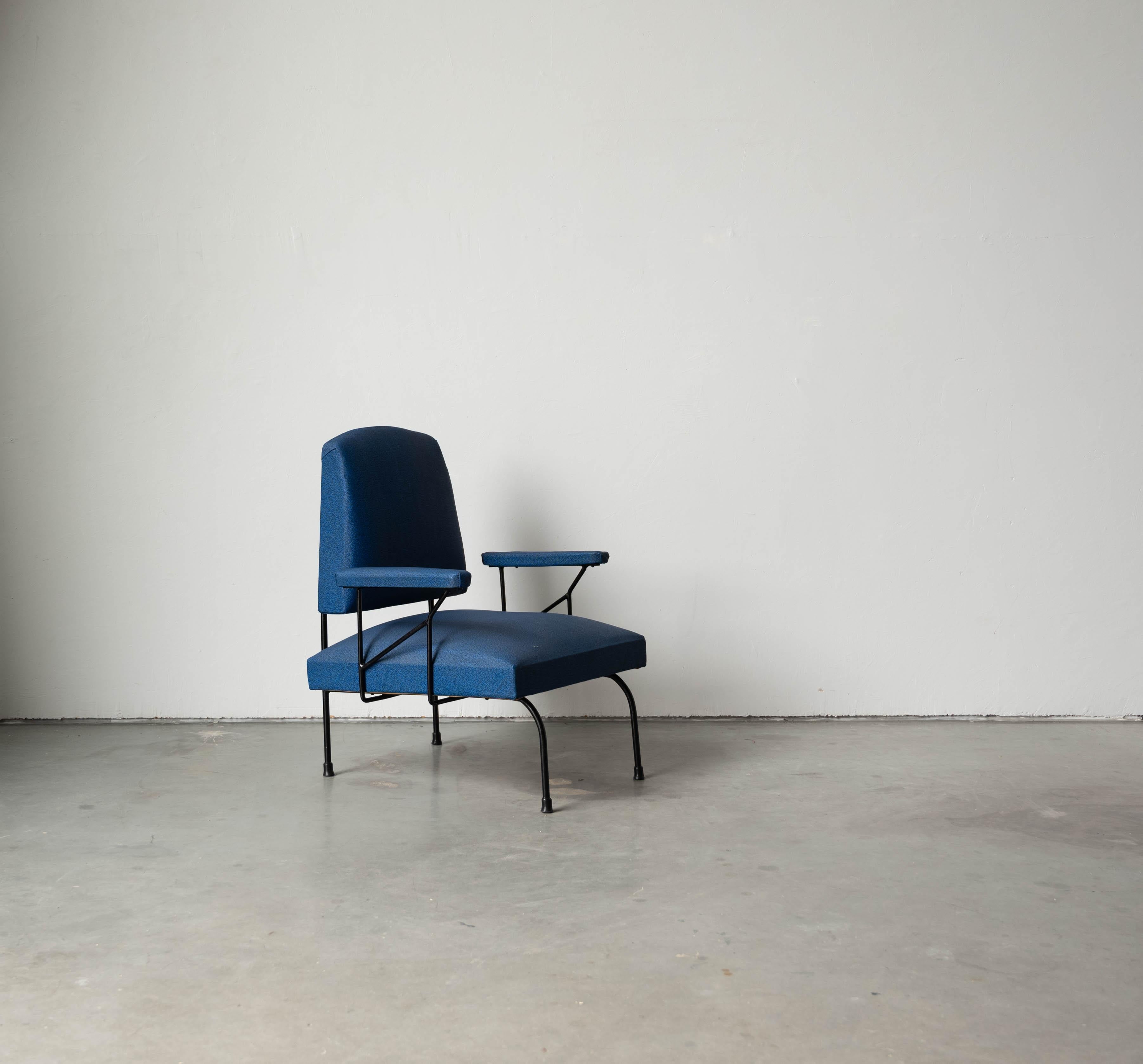 Italian Designer, Lounge Chair, Metal, Blue Fabric Italy, 1940s 2