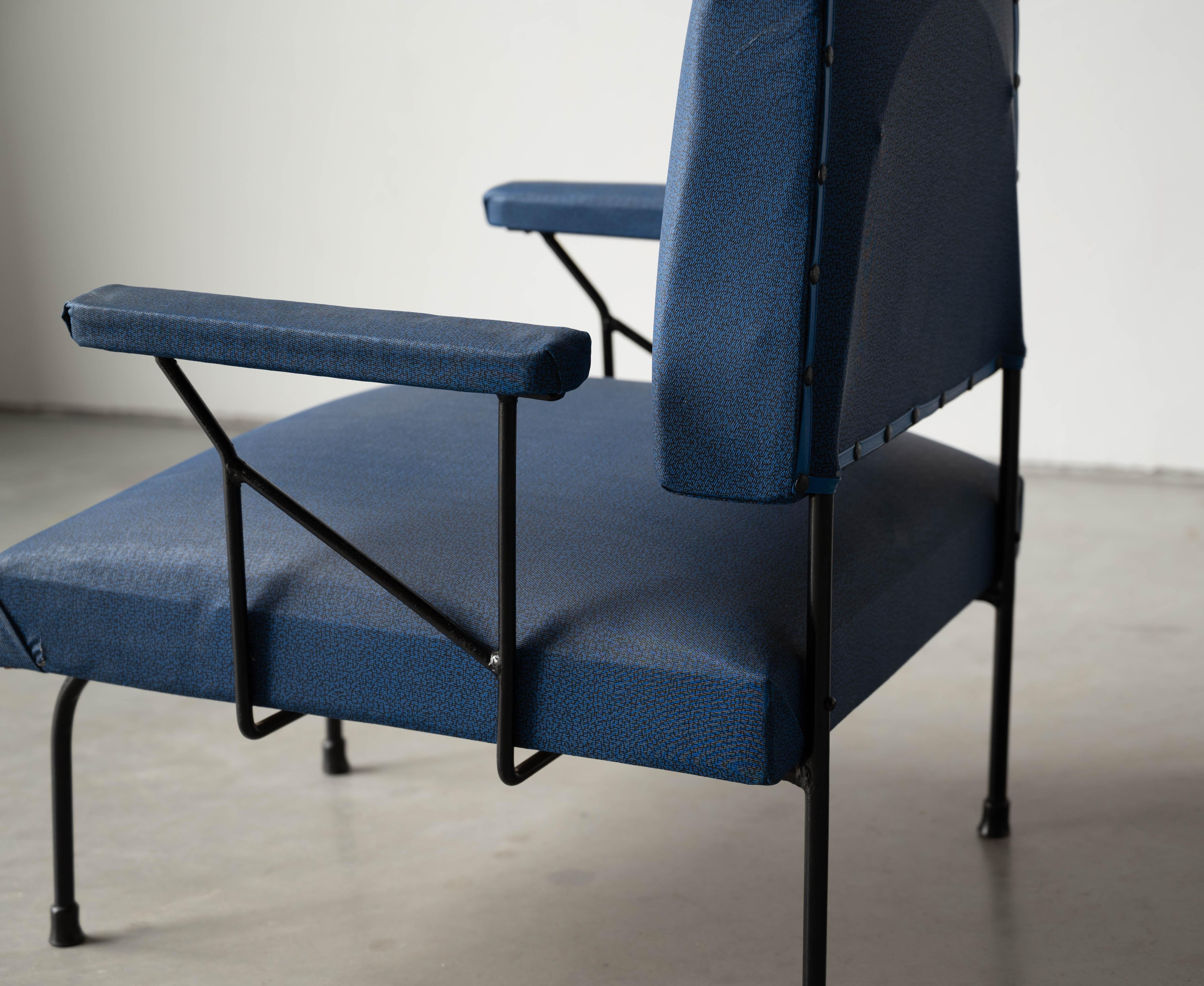 Italian Designer, Lounge Chair, Metal, Blue Fabric Italy, 1940s 3