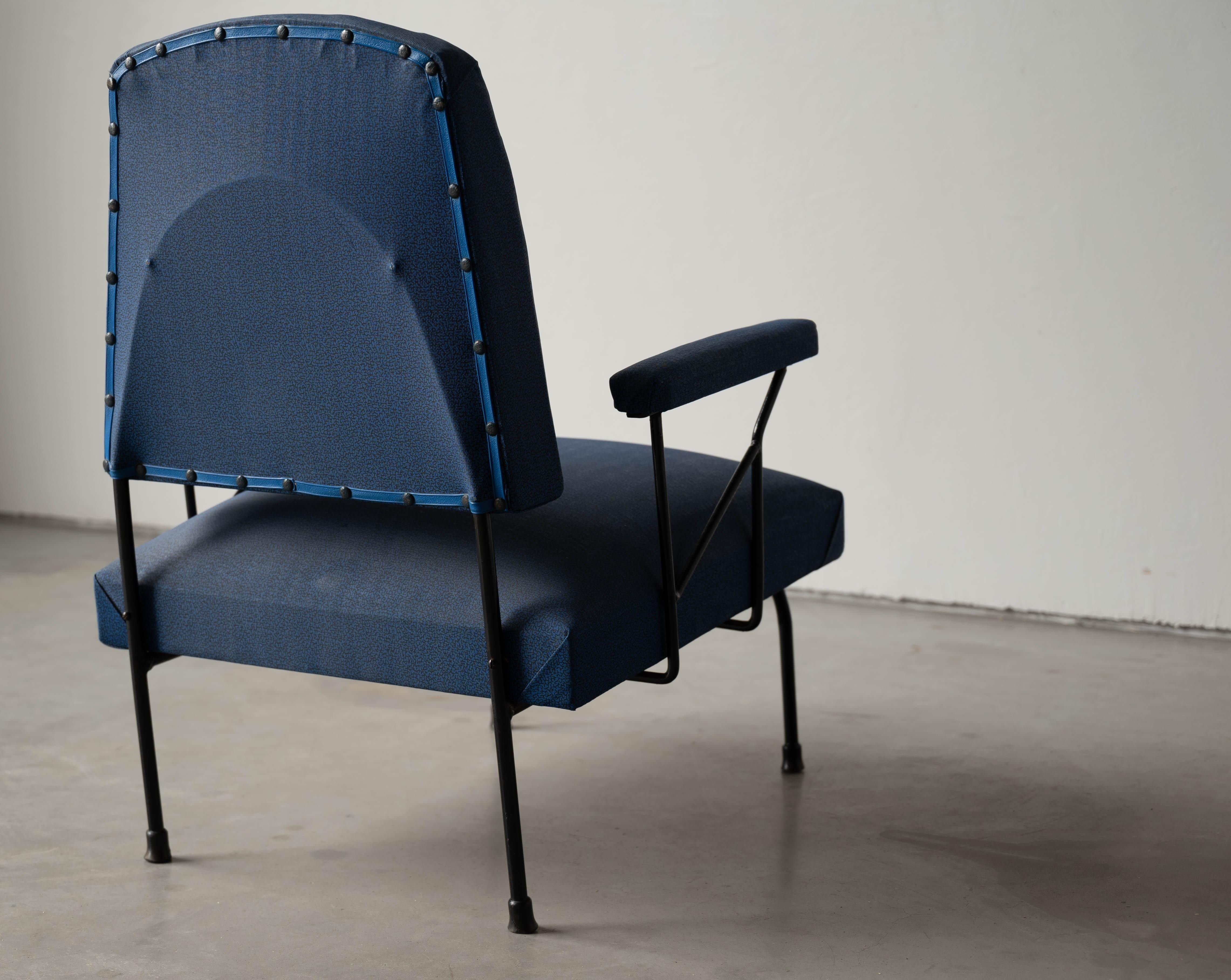 Italian Designer, Lounge Chair, Metal, Blue Fabric Italy, 1940s 4