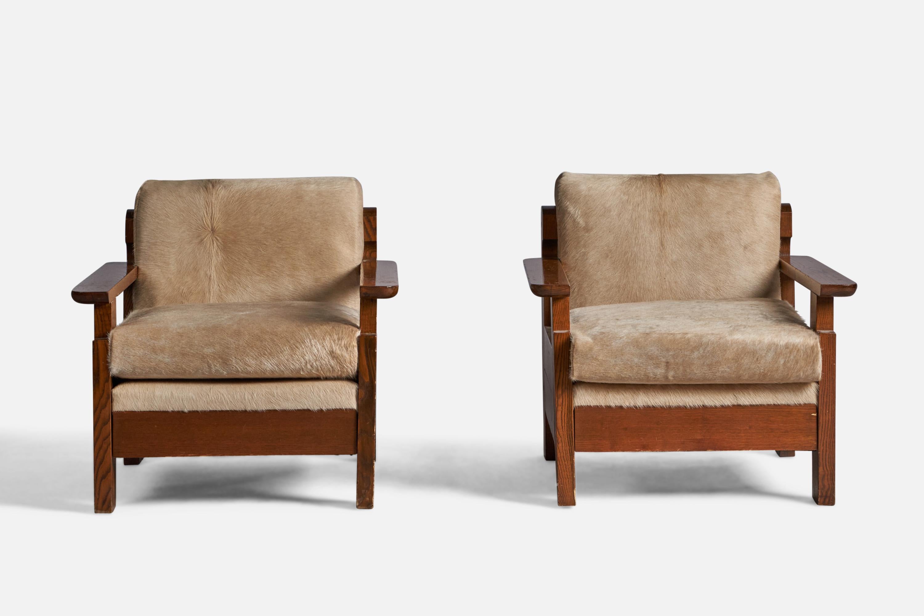 Mid-Century Modern Italian Designer, Lounge Chair, Pine, Cowhide, Italy, 1960s