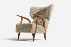 Italian Designer, Lounge Chair, Sheepskin, Wood, Italy, 1940s