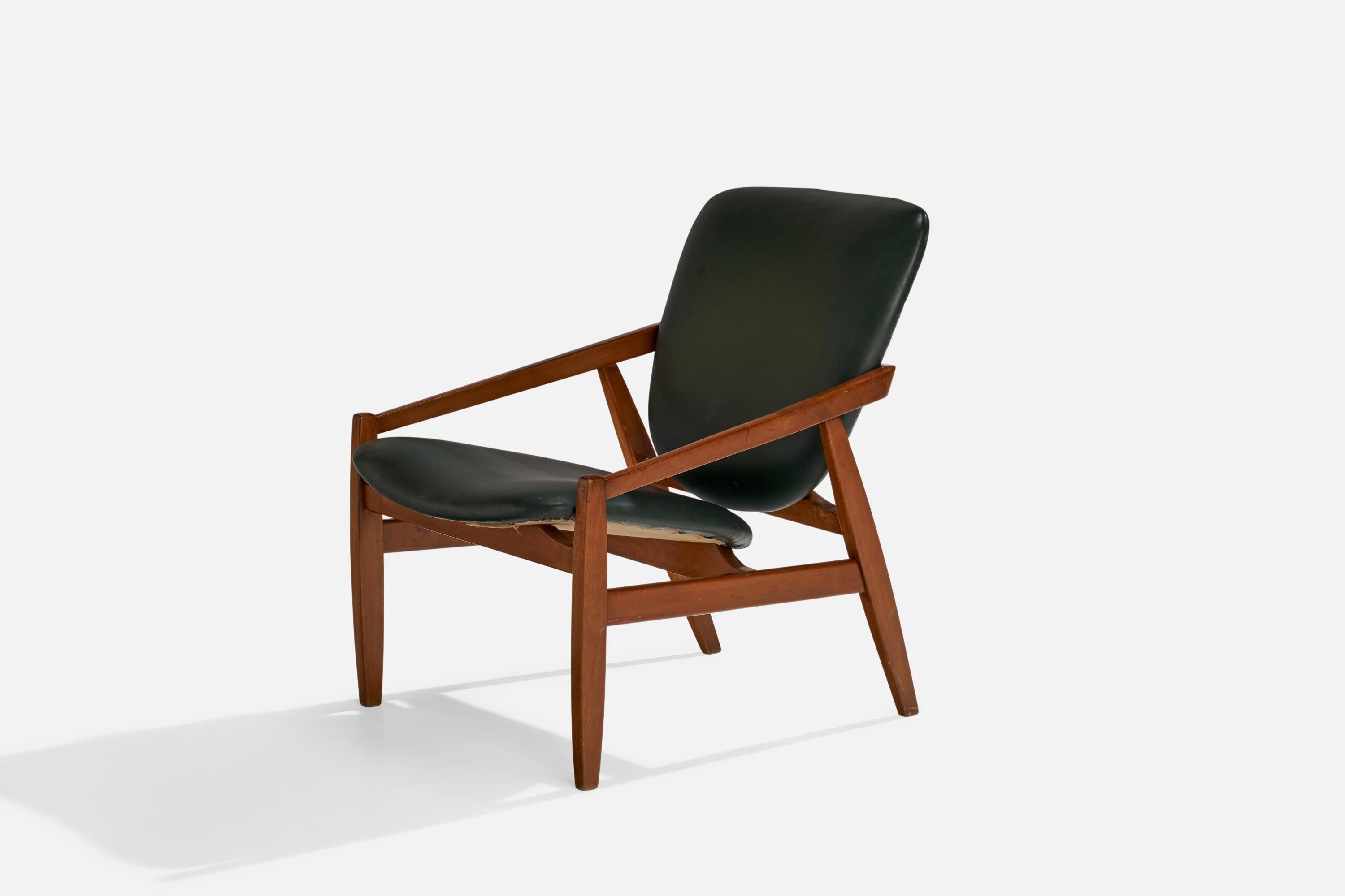 Mid-20th Century Italian Designer, Lounge Chair, Teak, Vinyl, Italy, 1960s For Sale
