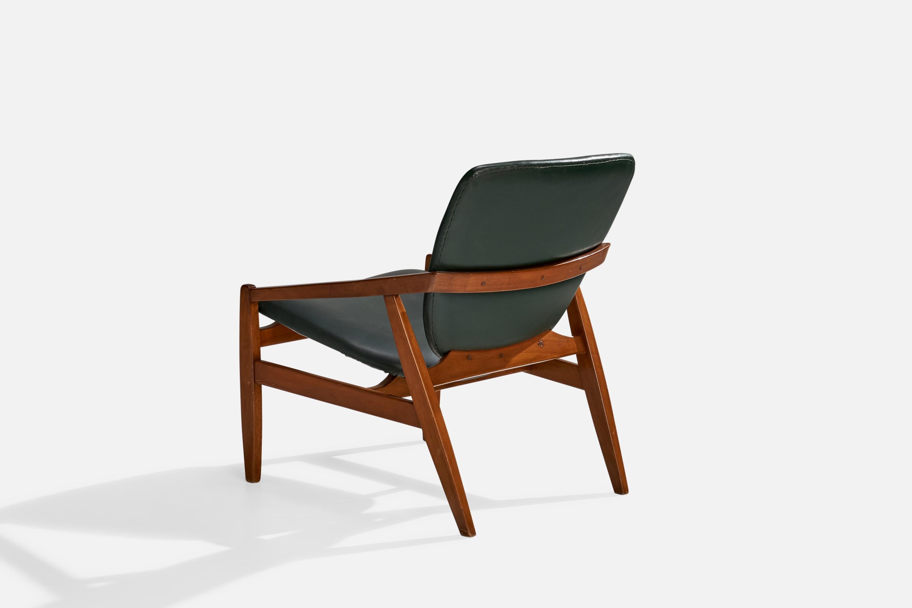 Faux Leather Italian Designer, Lounge Chair, Teak, Vinyl, Italy, 1960s For Sale