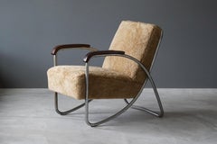 Italian Designer, Lounge Chair, Tubular Steel, Sheepskin, Wood, Italy, 1940s