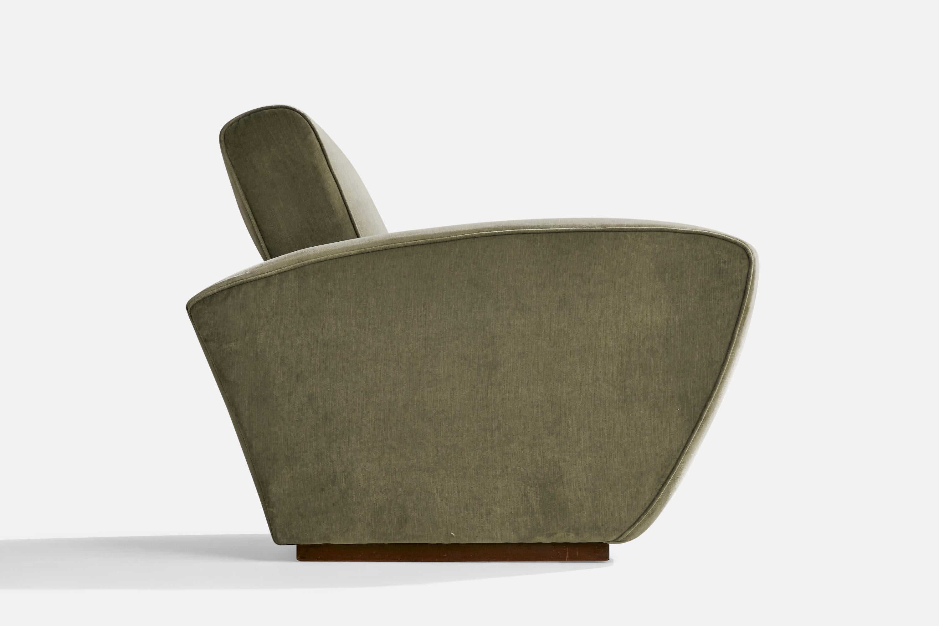 Italian Designer, Lounge Chair, Velvet, Walnut, Italy, 1930s For Sale 1