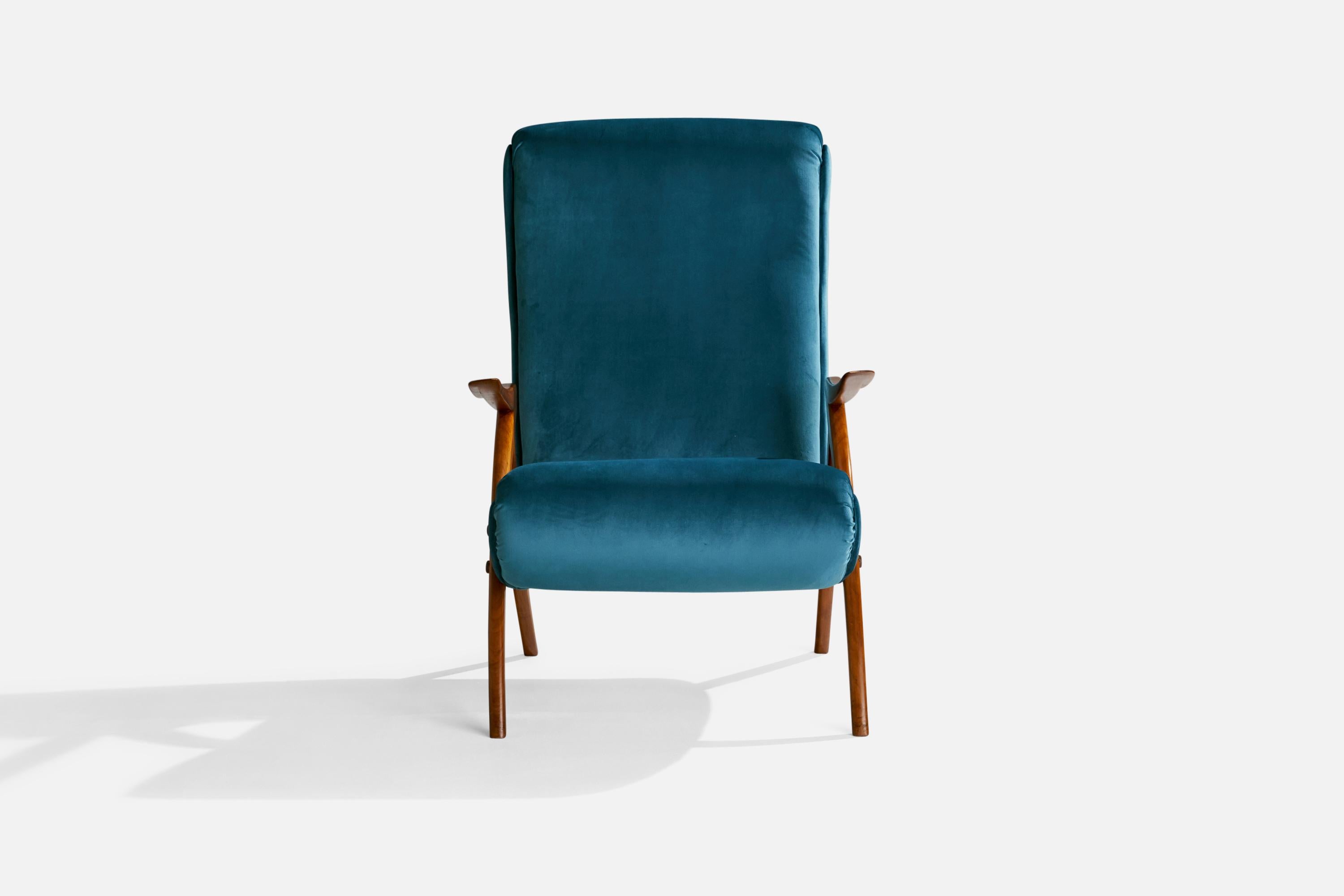 Mid-20th Century Italian Designer, Lounge Chair, Velvet, Walnut, Italy, 1950s For Sale