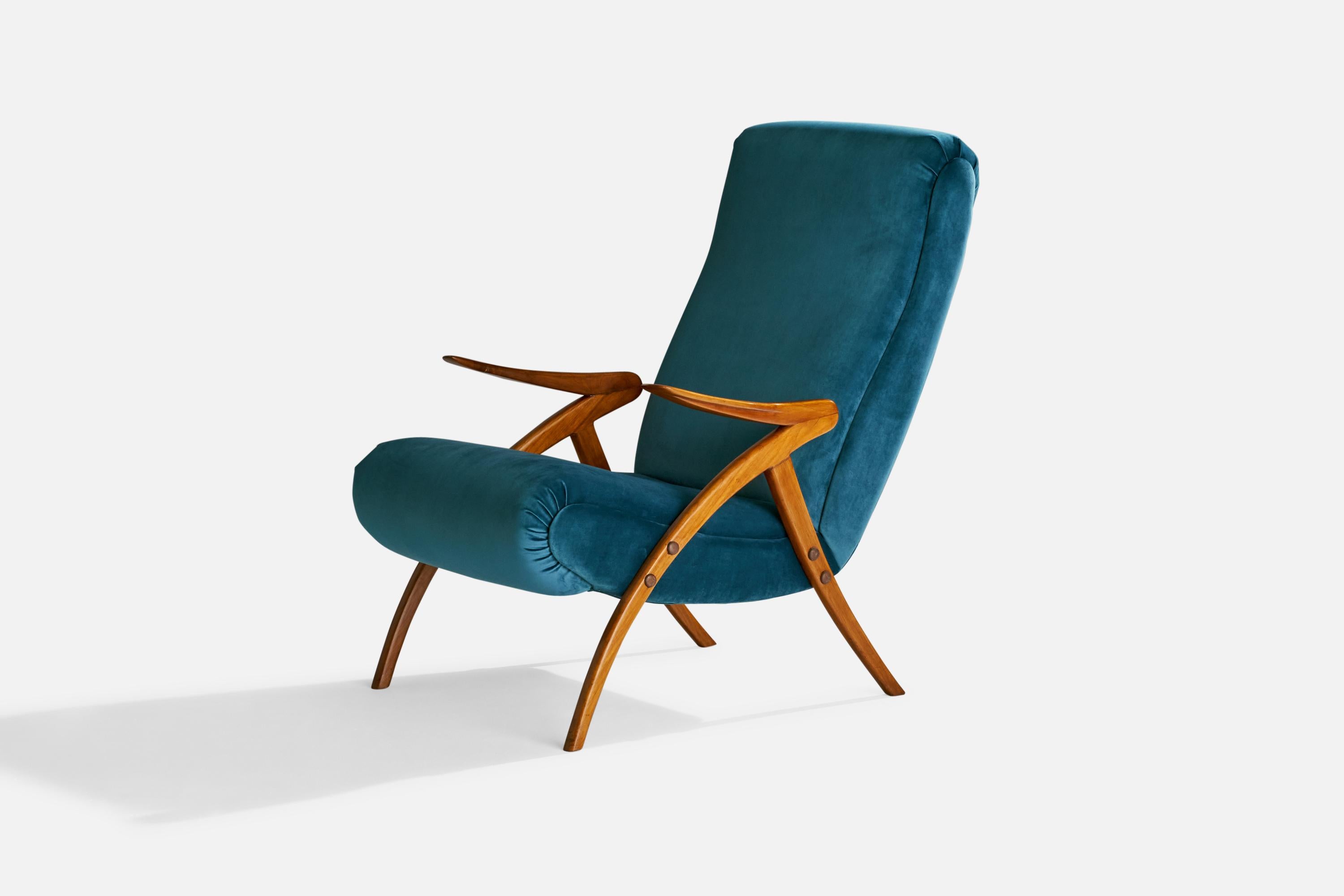 Italian Designer, Lounge Chair, Velvet, Walnut, Italy, 1950s For Sale 1