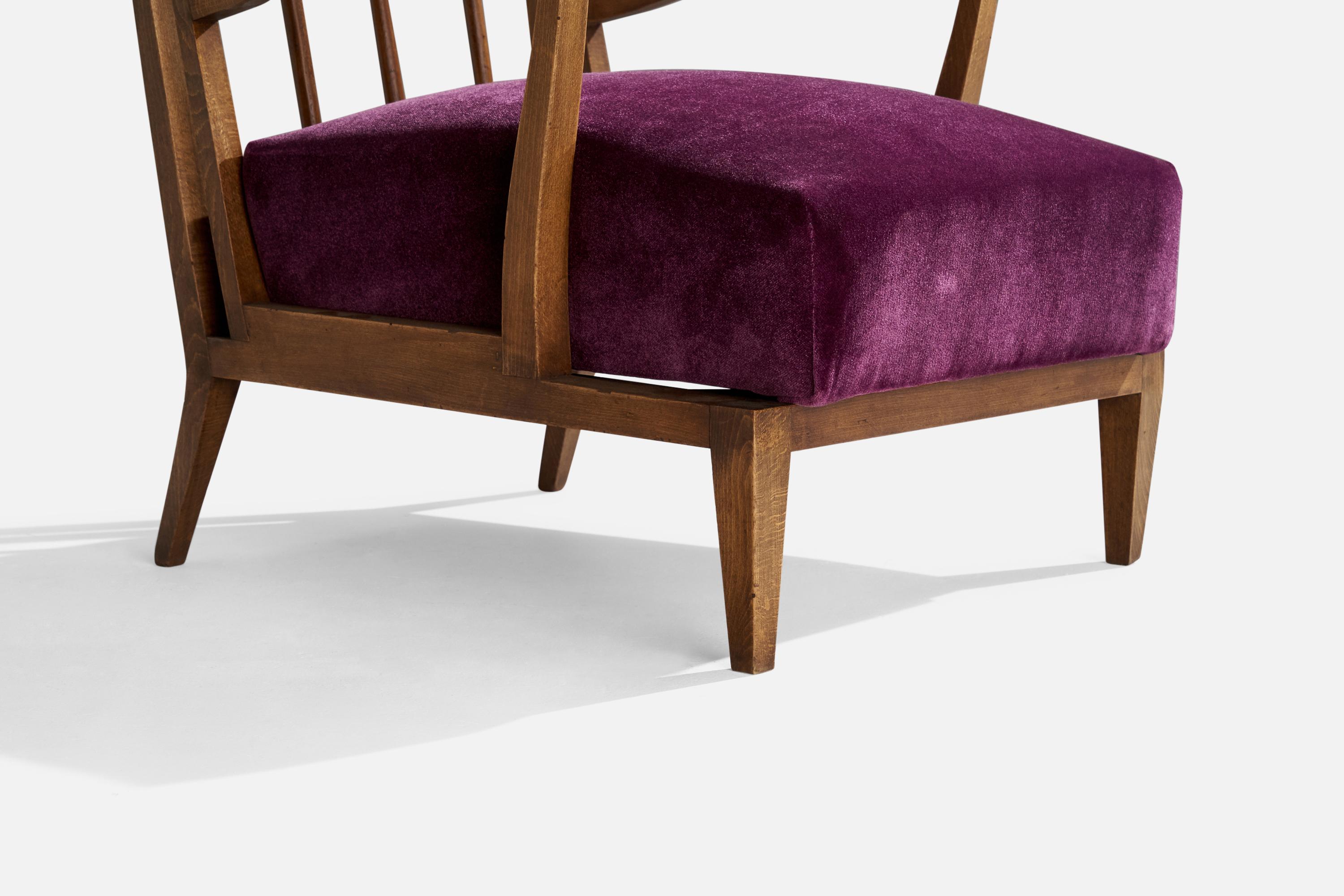 Italian Designer, Lounge Chair, Walnut, Velvet, Italy, 1940s For Sale 5