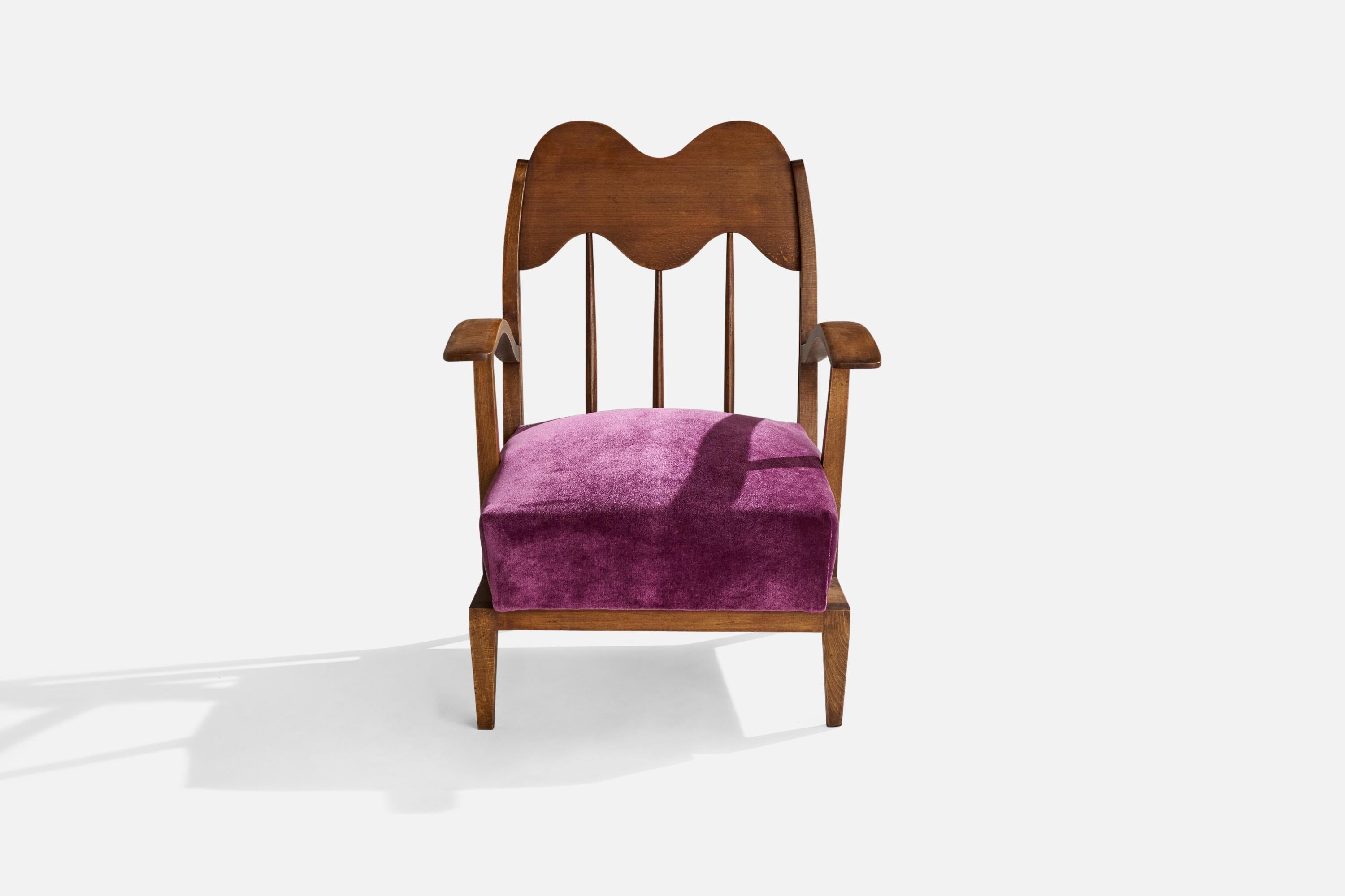 Modern Italian Designer, Lounge Chair, Walnut, Velvet, Italy, 1940s For Sale