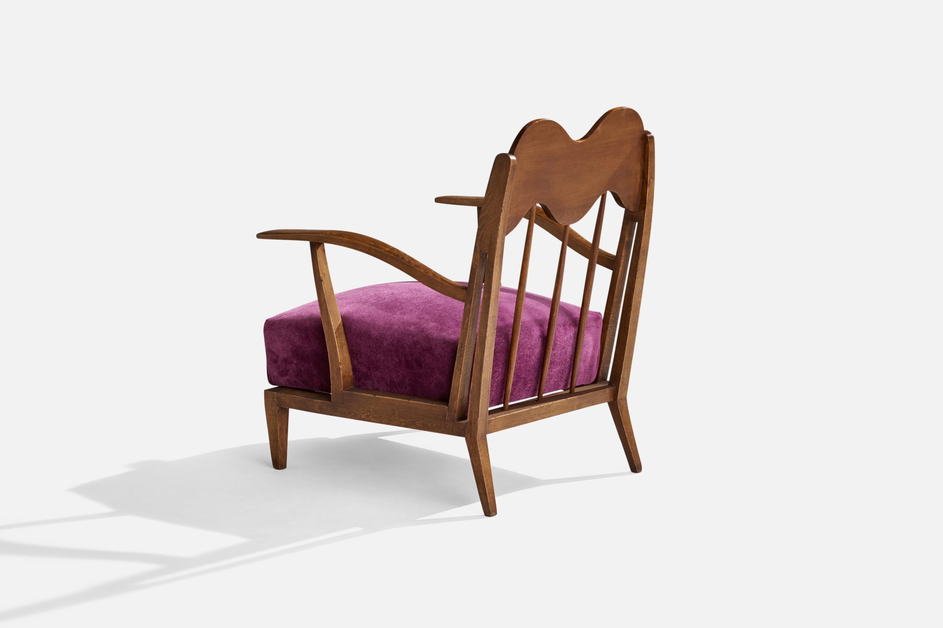Mid-20th Century Italian Designer, Lounge Chair, Walnut, Velvet, Italy, 1940s For Sale