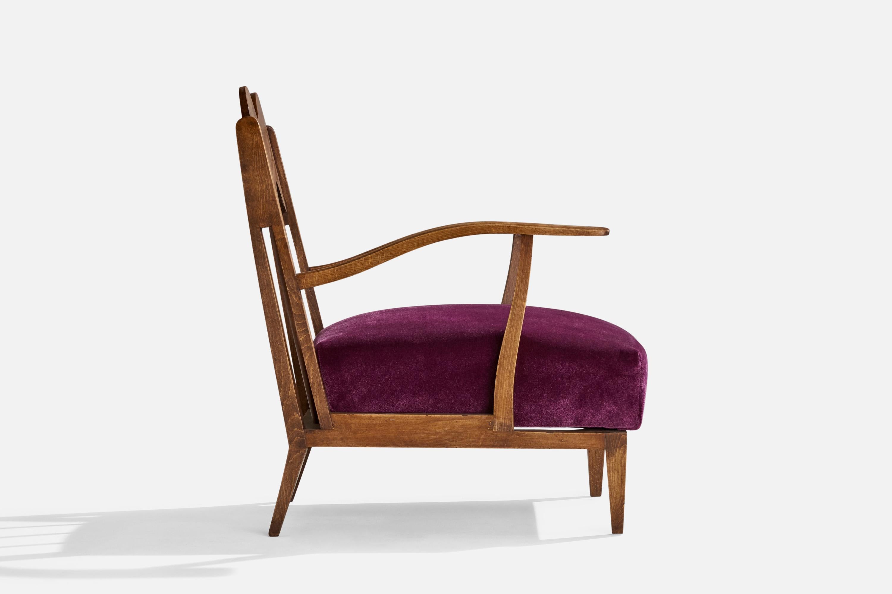 Italian Designer, Lounge Chair, Walnut, Velvet, Italy, 1940s For Sale 1