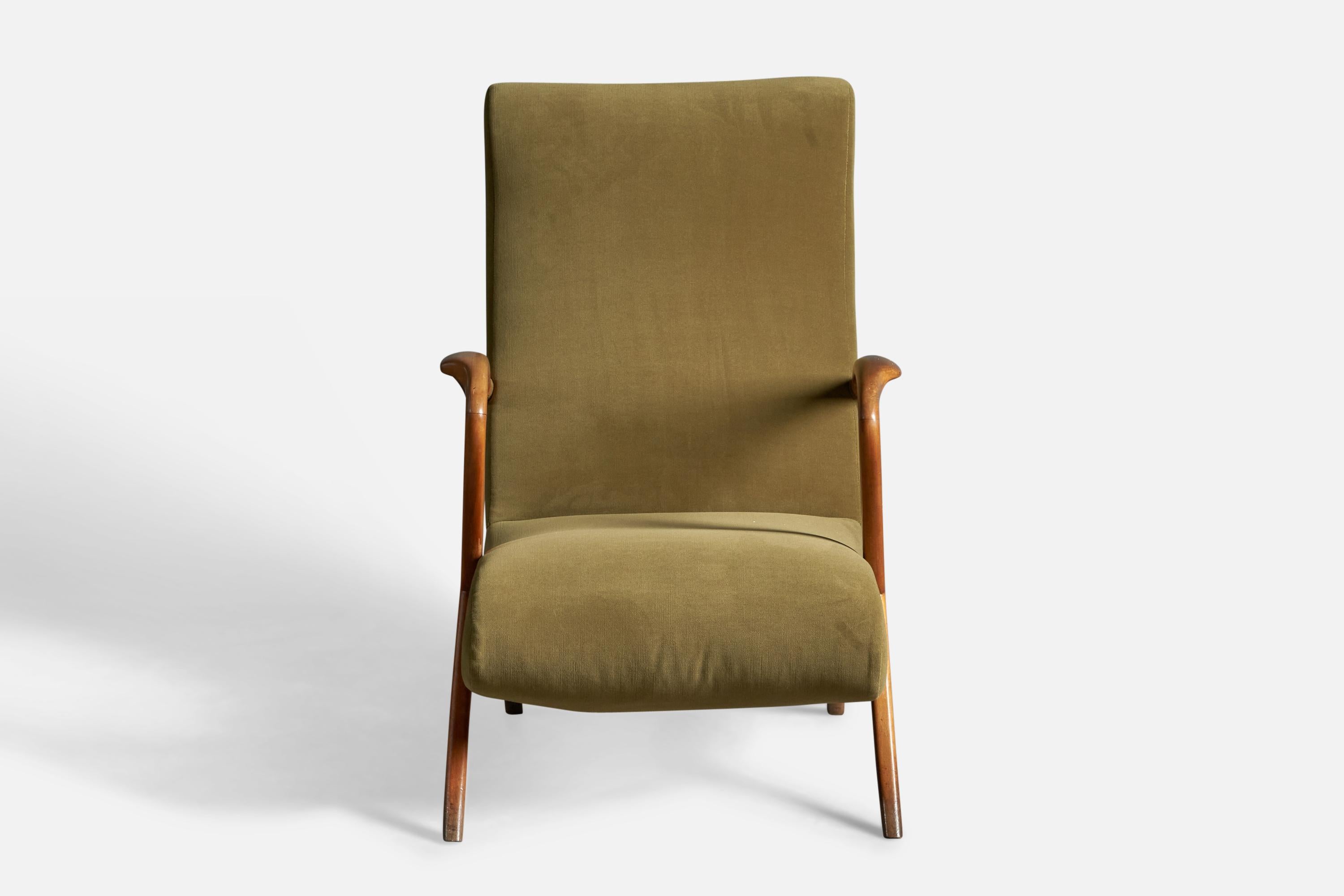 Mid-Century Modern Italian Designer, Lounge Chair, Walnut, Velvet, Italy, 1950s