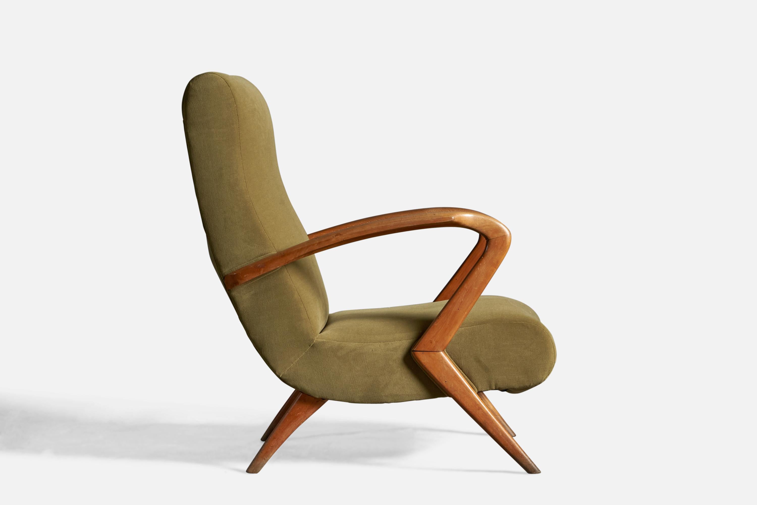 Italian Designer, Lounge Chair, Walnut, Velvet, Italy, 1950s In Good Condition In High Point, NC