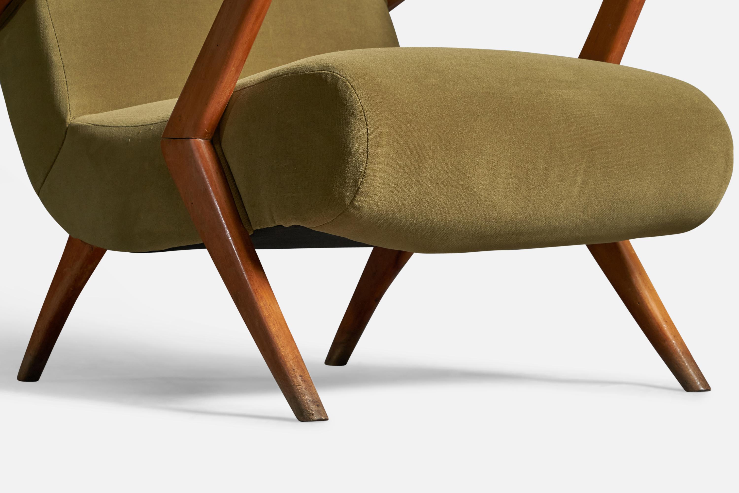 Mid-20th Century Italian Designer, Lounge Chair, Walnut, Velvet, Italy, 1950s