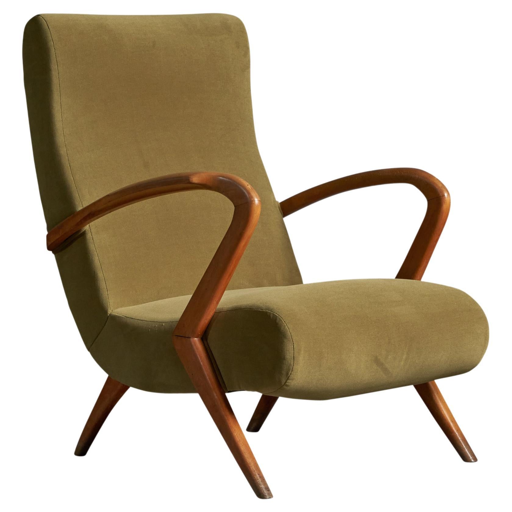 Italian Designer, Lounge Chair, Walnut, Velvet, Italy, 1950s