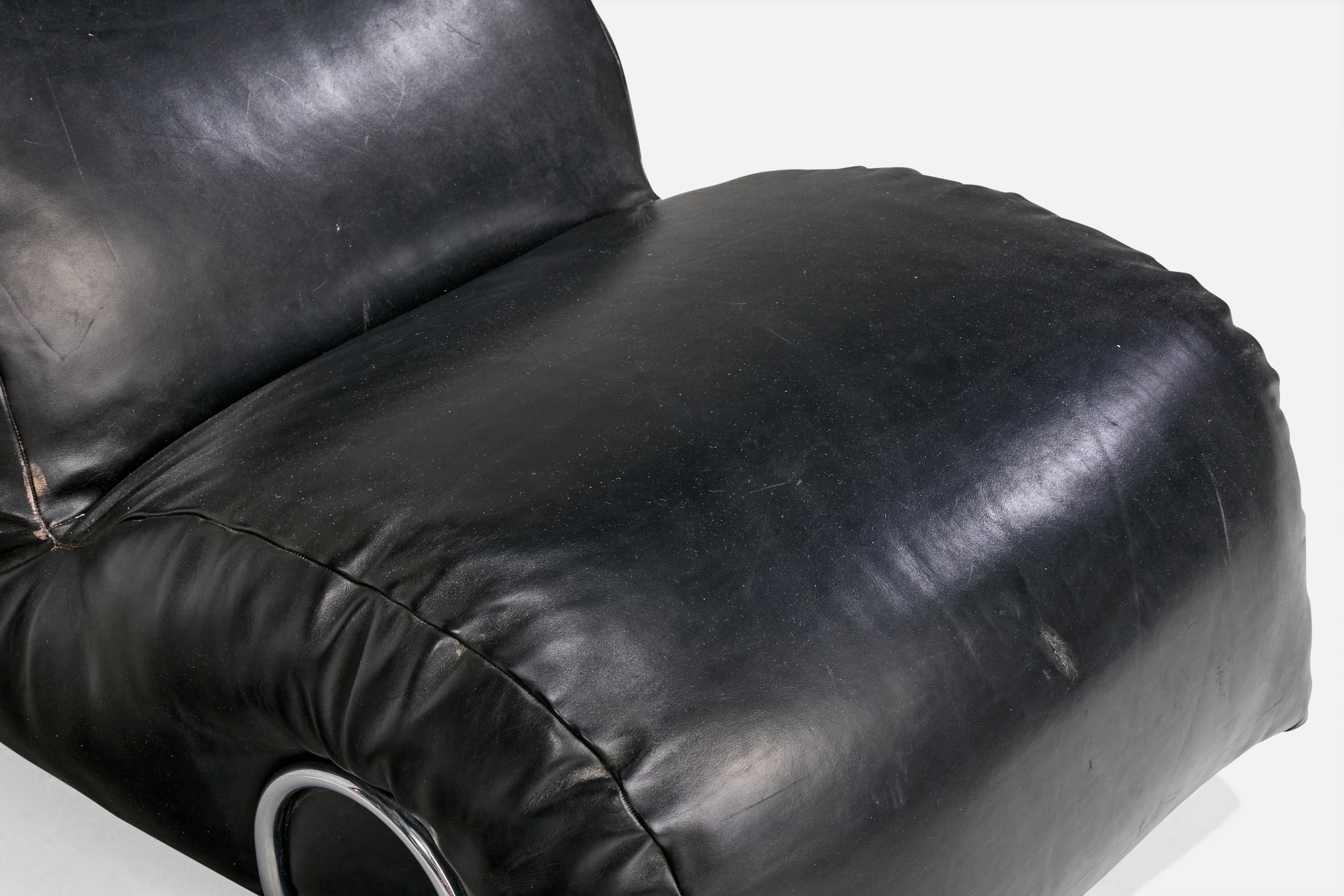 Italian Designer, Lounge Chair with Ottoman, Leatherette, Steel, Italy, 1970s For Sale 6