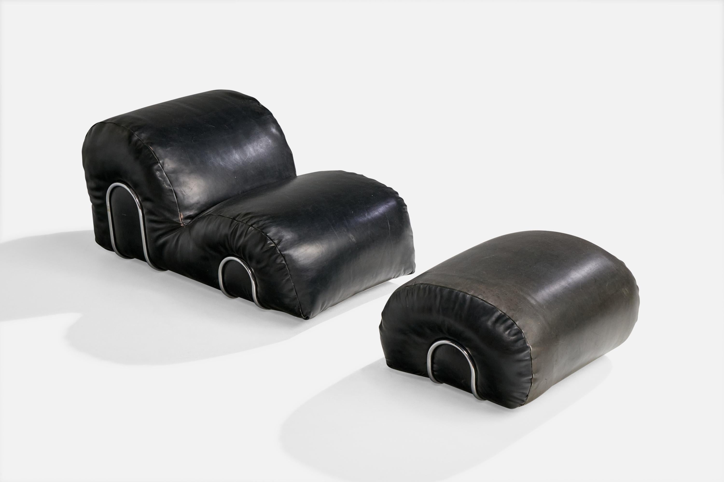 A black leatherette and tubular steel lounge chair with ottoman likely designed and produced in Italy, c. 1970s.

Ottoman Dimensions (inches): 16.75“H x 31.125“W x 25.5“D

Overall Dimensions (inches): 25.5