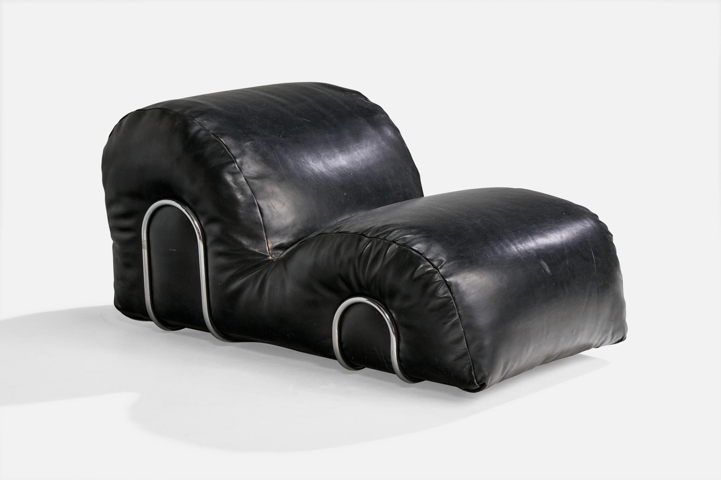 Mid-Century Modern Italian Designer, Lounge Chair with Ottoman, Leatherette, Steel, Italy, 1970s For Sale