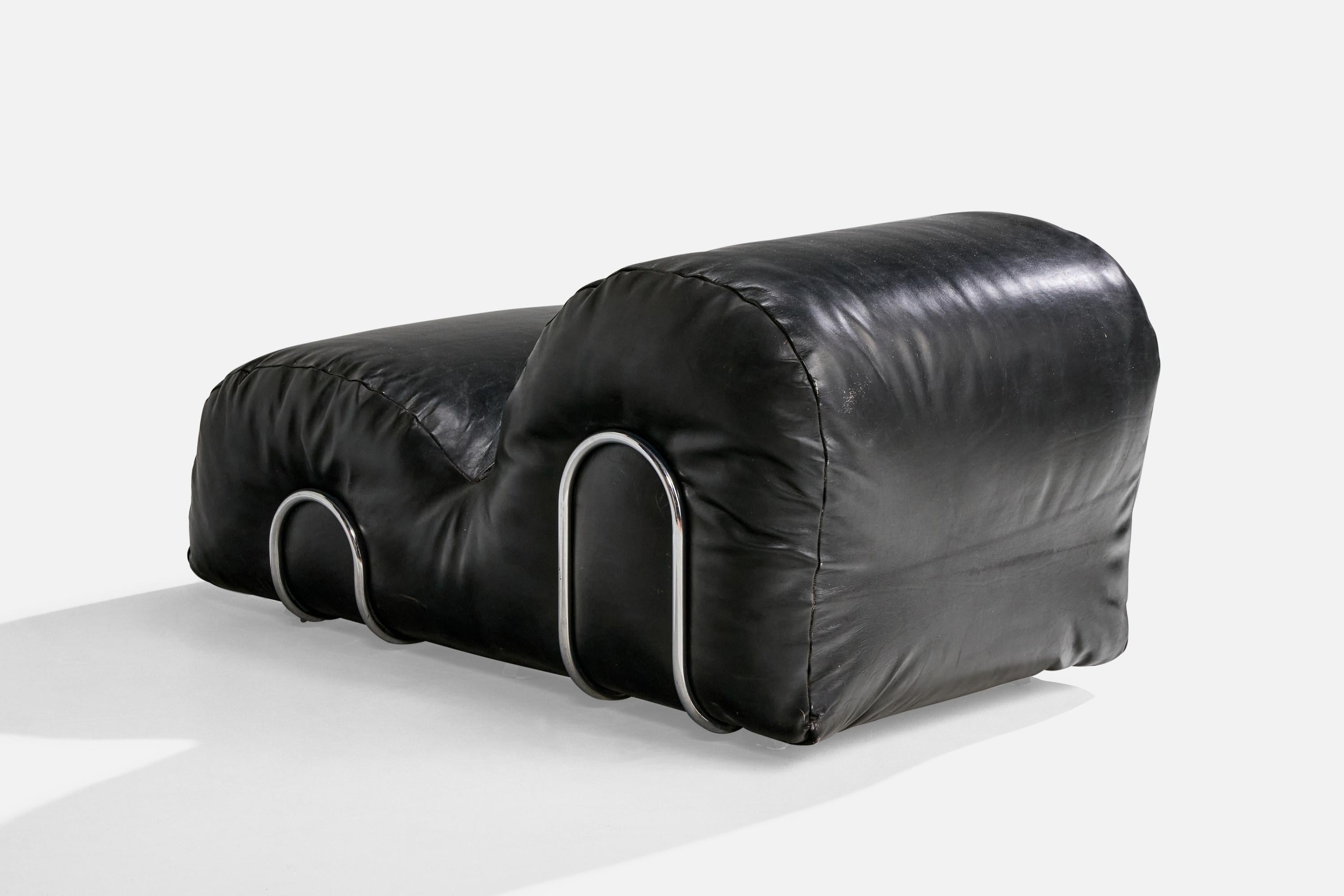 Italian Designer, Lounge Chair with Ottoman, Leatherette, Steel, Italy, 1970s For Sale 1