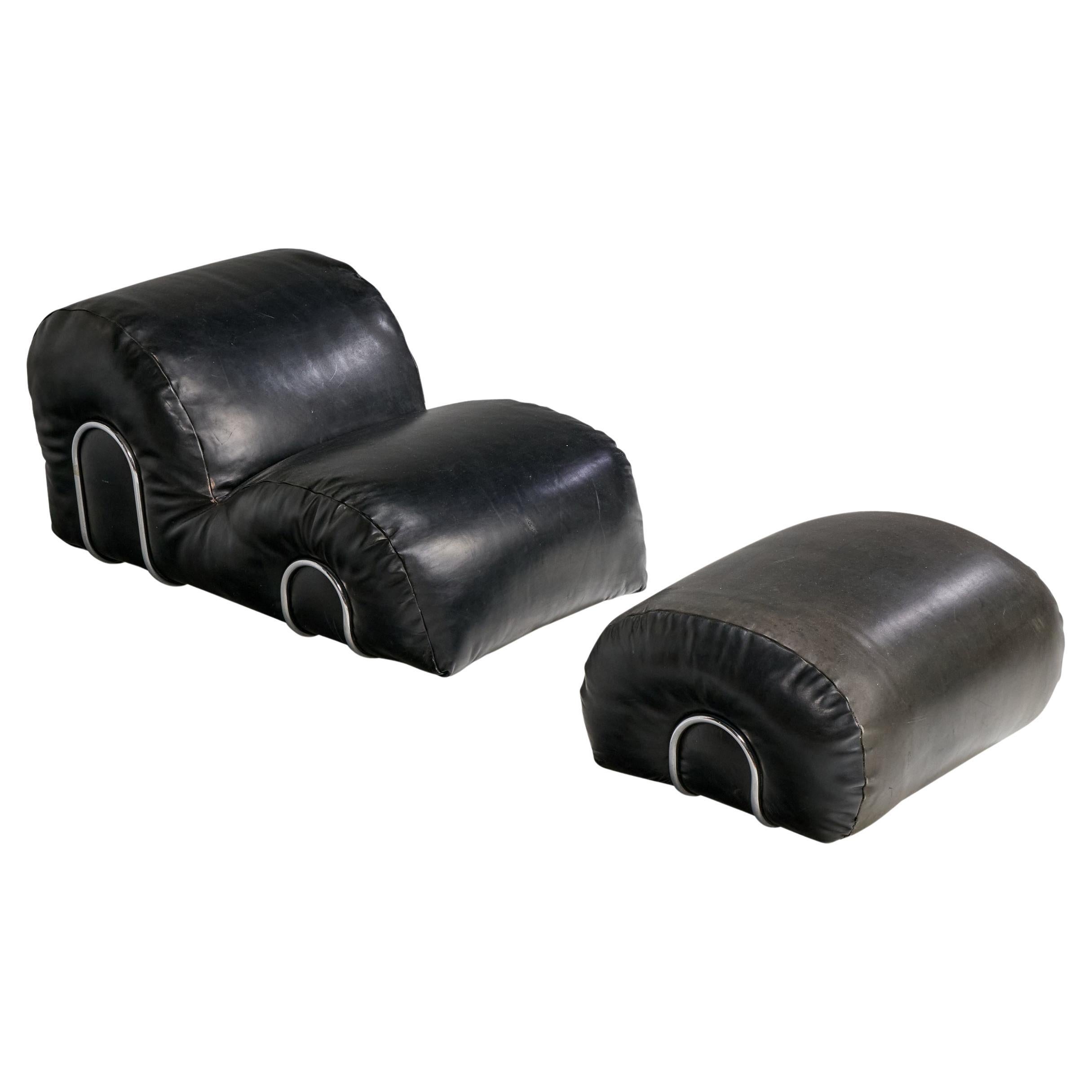 Italian Designer, Lounge Chair with Ottoman, Leatherette, Steel, Italy, 1970s For Sale