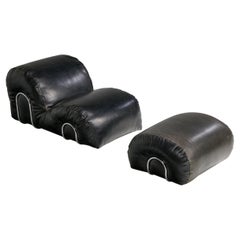 Italian Designer, Lounge Chair with Ottoman, Leatherette, Steel, Italy, 1970s