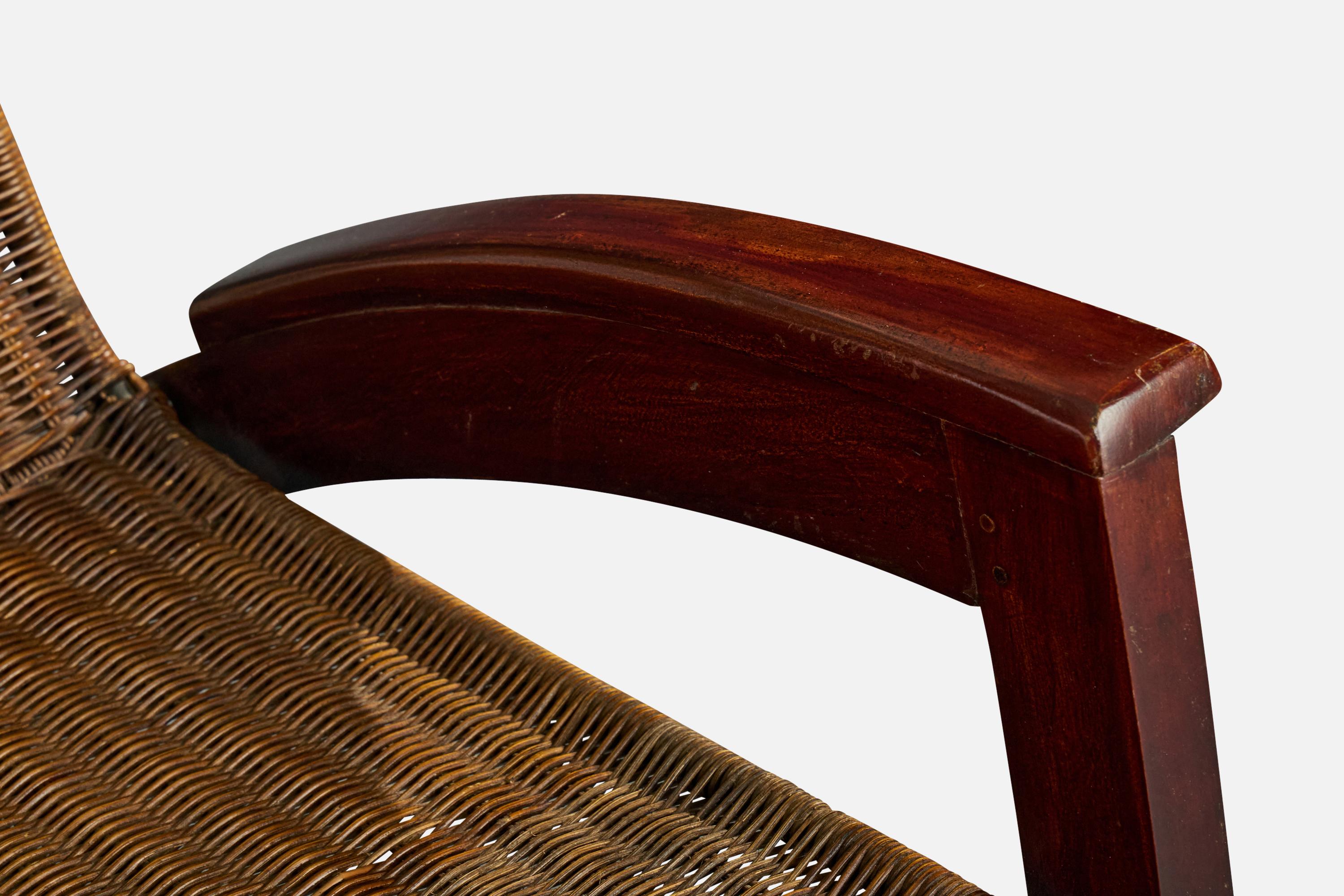 Chaise longue avec pouf de designer italien, Wood, rotin, fer, Italie, années 1950 en vente 4