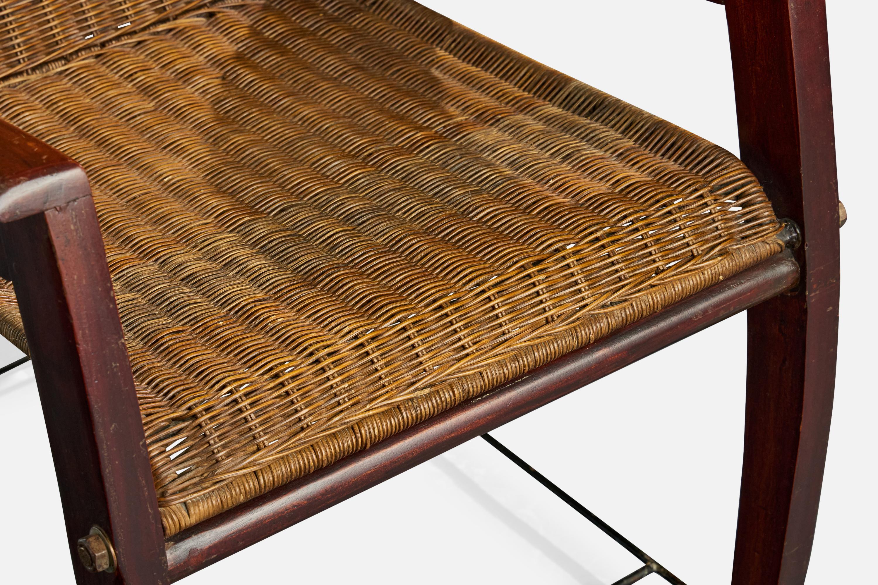 Chaise longue avec pouf de designer italien, Wood, rotin, fer, Italie, années 1950 en vente 5