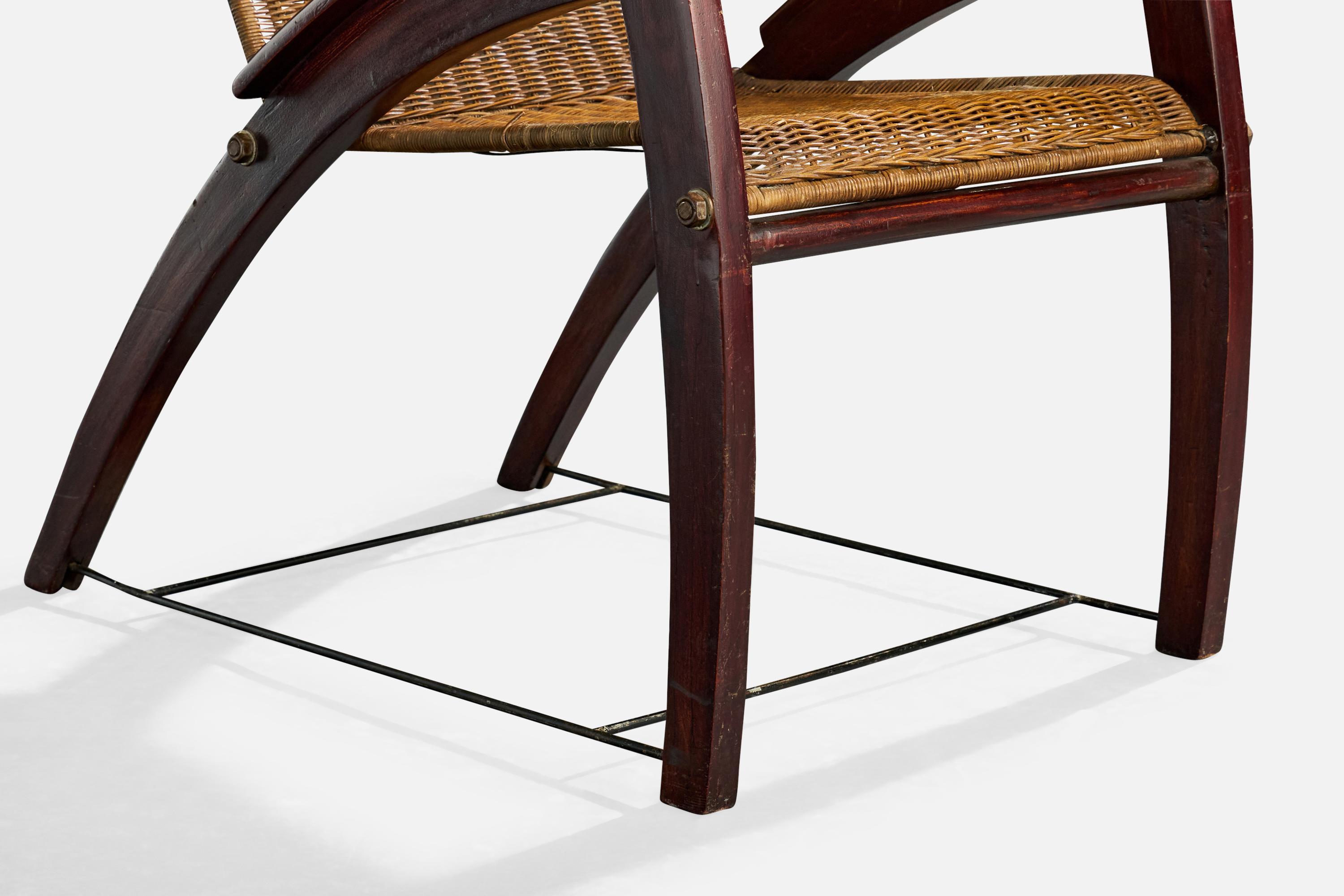 Chaise longue avec pouf de designer italien, Wood, rotin, fer, Italie, années 1950 en vente 6