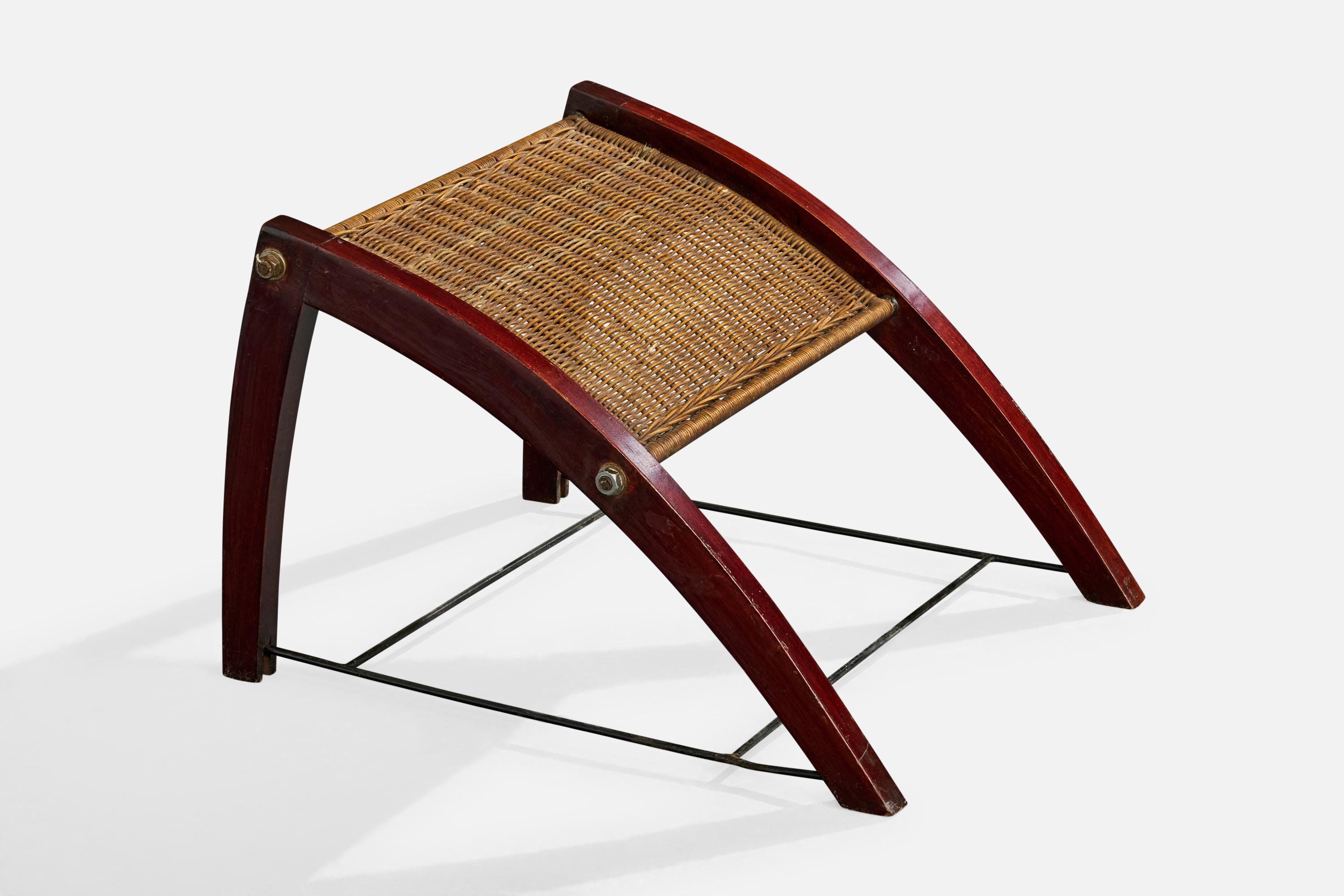 Chaise longue avec pouf de designer italien, Wood, rotin, fer, Italie, années 1950 en vente 8