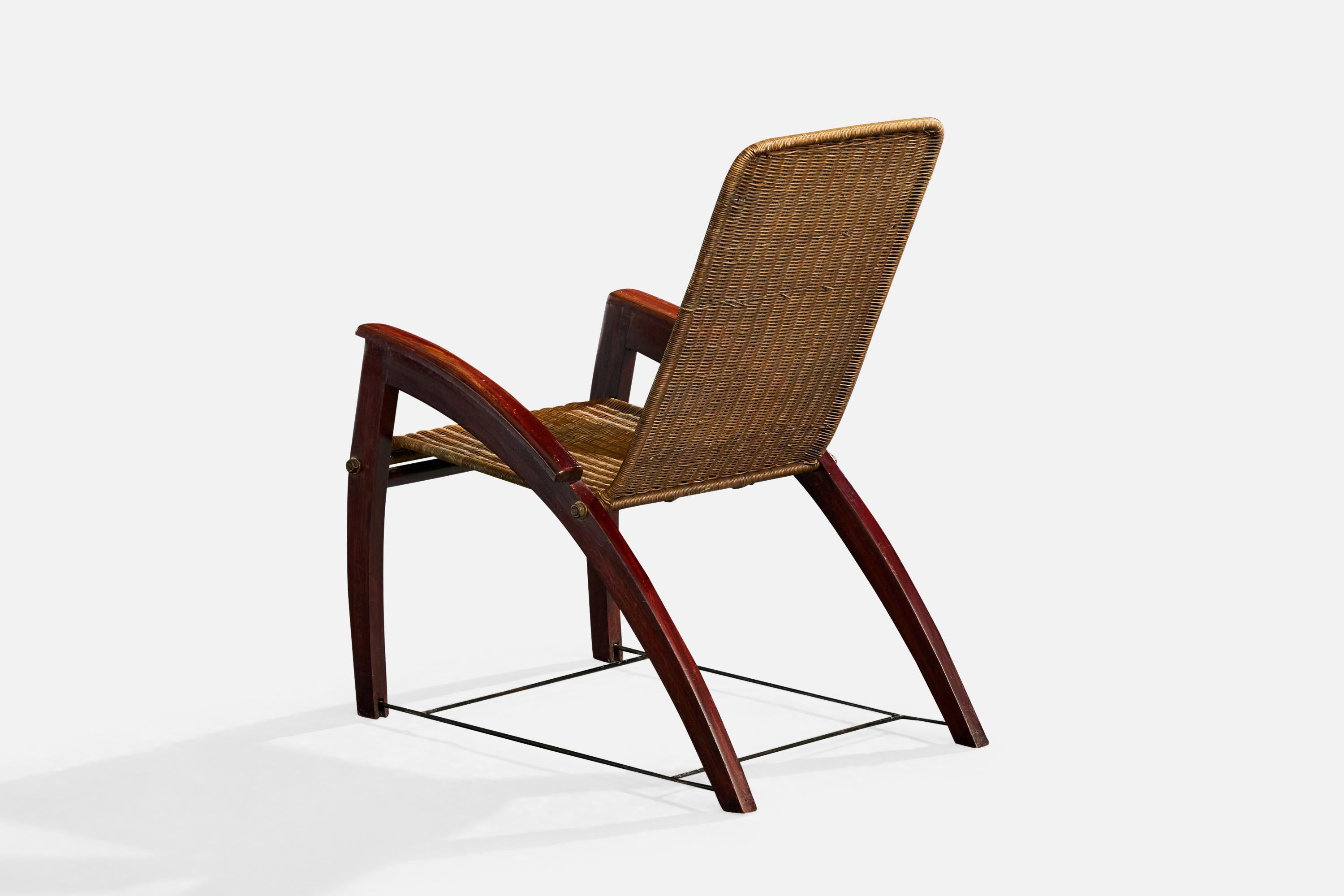 Chaise longue avec pouf de designer italien, Wood, rotin, fer, Italie, années 1950 en vente 1