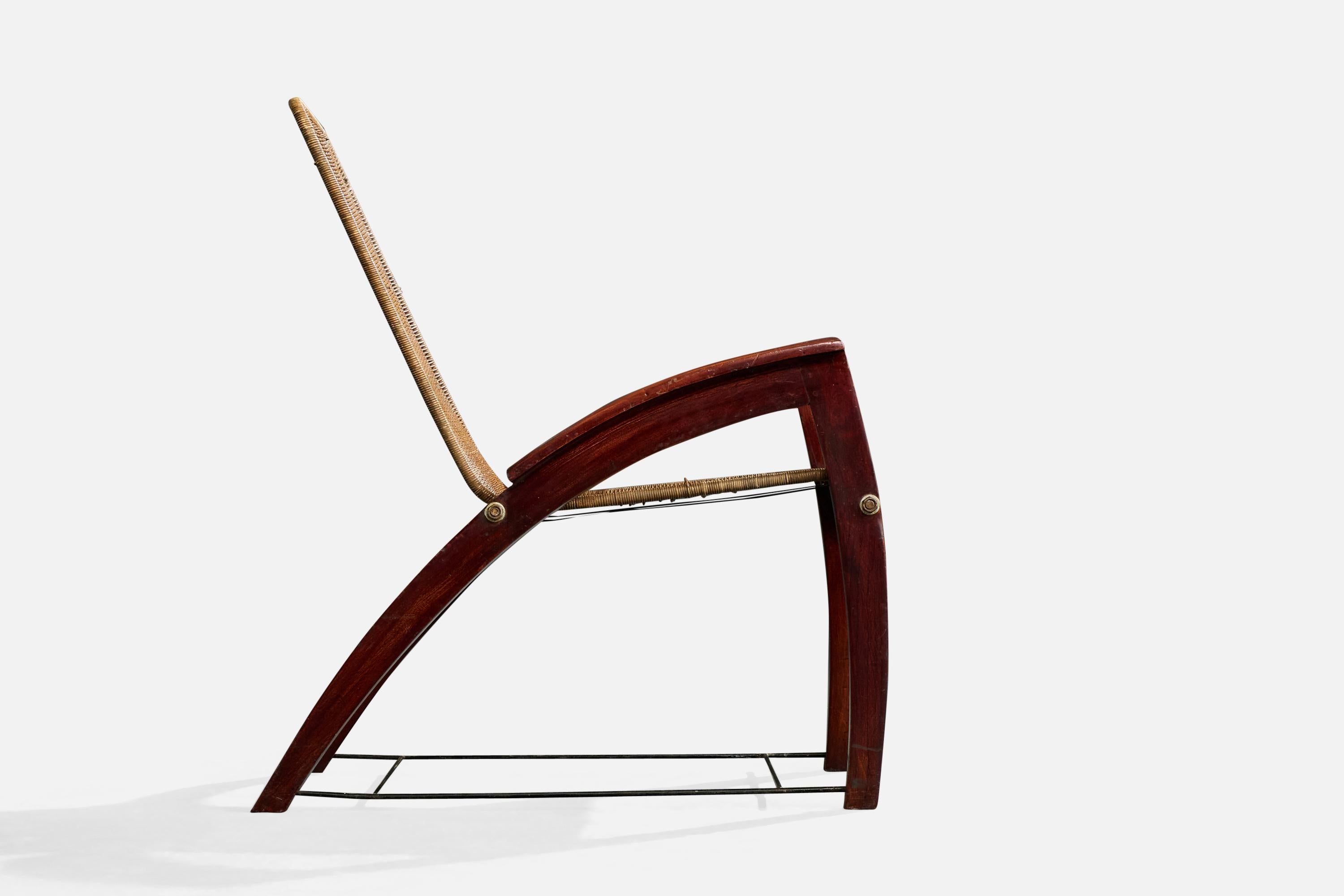 Chaise longue avec pouf de designer italien, Wood, rotin, fer, Italie, années 1950 en vente 2