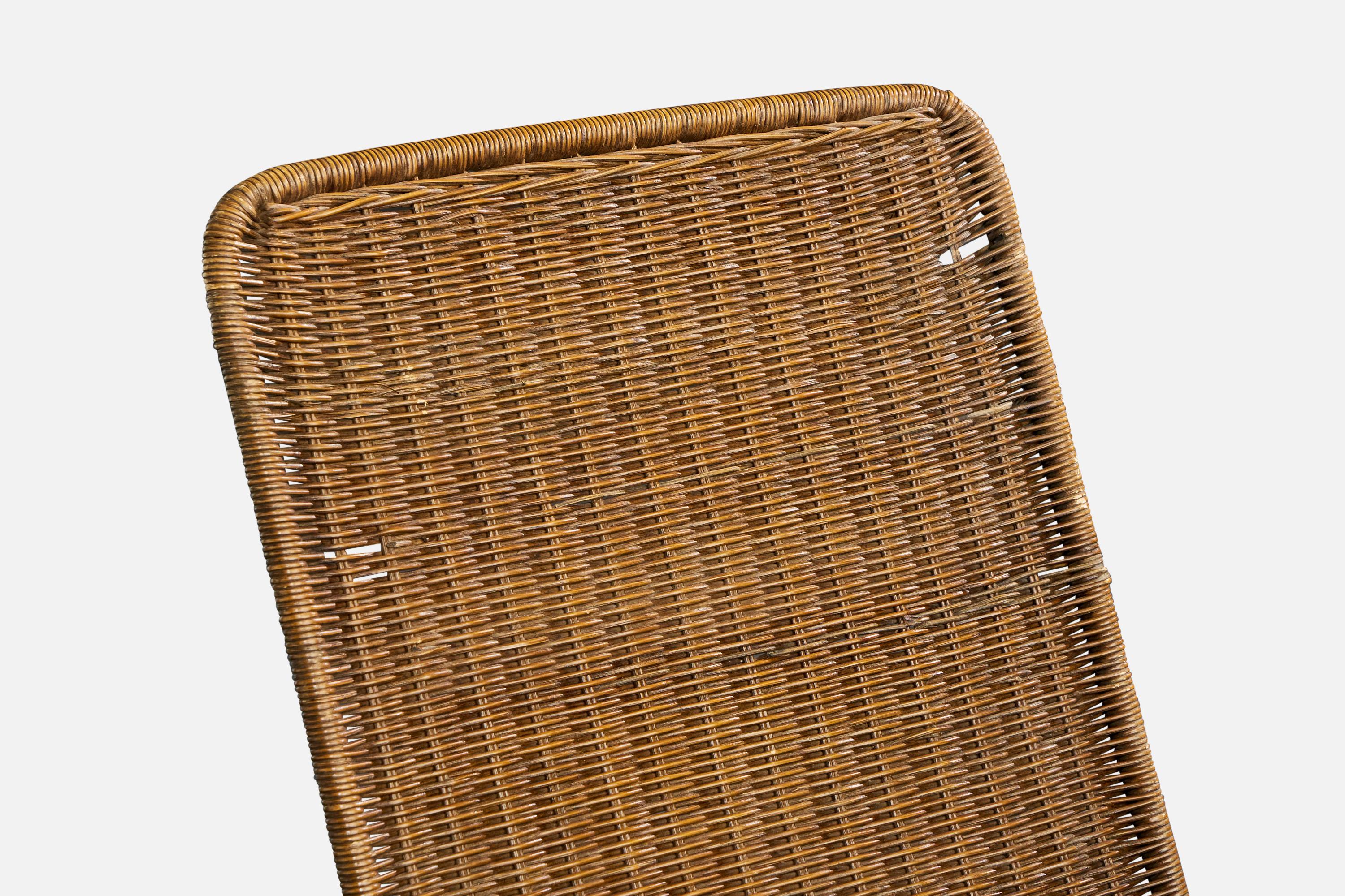 Chaise longue avec pouf de designer italien, Wood, rotin, fer, Italie, années 1950 en vente 3