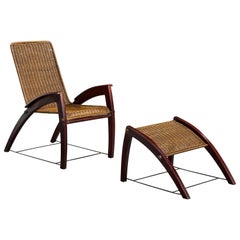 Italian Designer, Lounge Chair with Ottoman, Wood, Rattan, Iron, Italy, 1950s