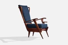 Italian Designer, Lounge Chair, Wood, Fabric, Brass, Italy, 1950s