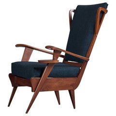 Italian Designer, Lounge Chair, Wood, Fabric, Brass, Italy, 1950s