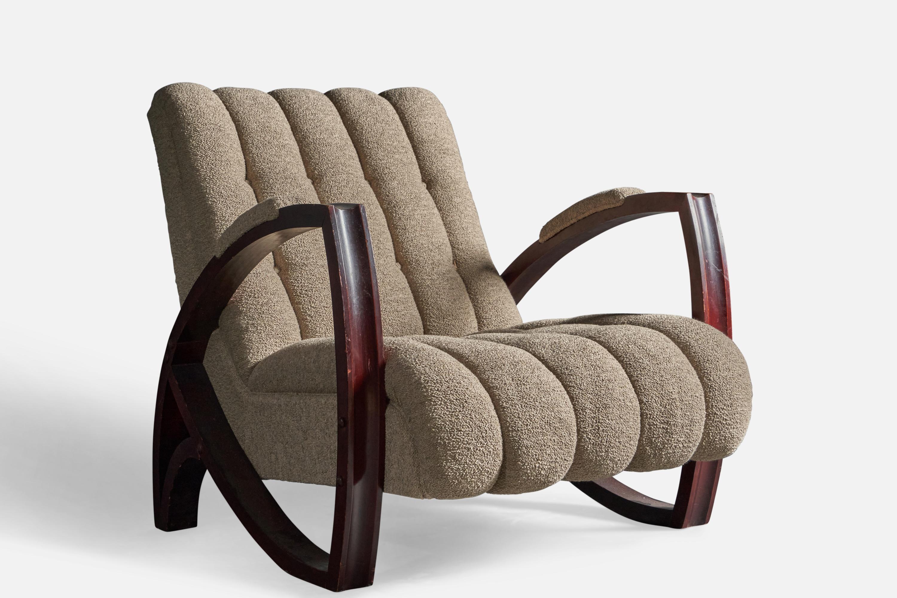 A dark-stained wood and beige grey fabric lounge chair, designed and produced in Italy, 1930s.