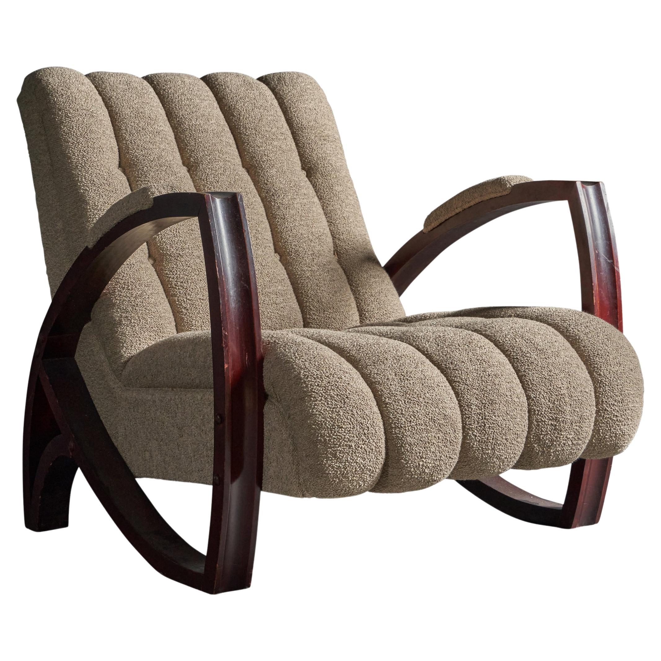 Italian Designer, Lounge Chair, Wood, Fabric, Italy, 1930s For Sale