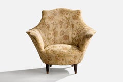 Italian Designer, Lounge Chair, Wood, Fabric, Italy, 1940s