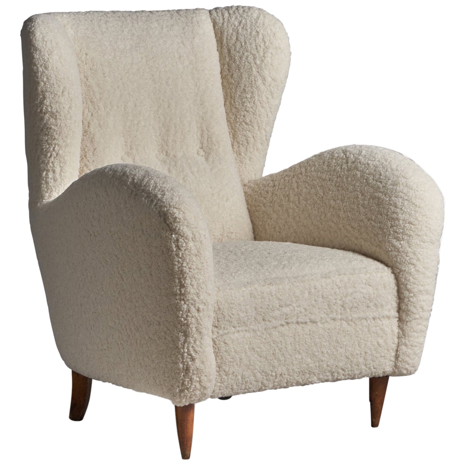 Italienischer Designer, Loungesessel, Holz, Stoff, Italien, 1940er Jahre
