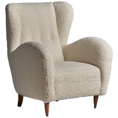 Italienischer Designer, Loungesessel, Holz, Stoff, Italien, 1940er Jahre