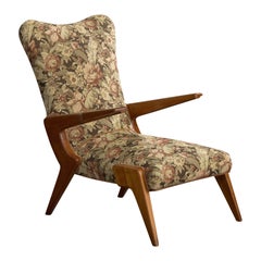 Italian Designer, Lounge Chair, Wood, Fabric, Italy, 1950s