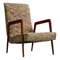 Italian Designer, Lounge Chair, Wood, Fabric, Italy, 1950s