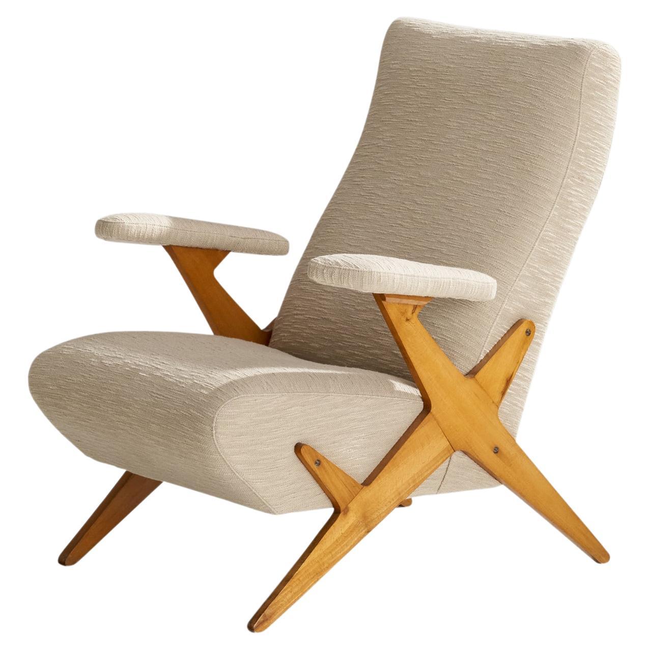 Italian Designer, Lounge Chair, Wood, Fabric, Italy, 1950s