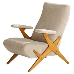 Vintage Italian Designer, Lounge Chair, Wood, Fabric, Italy, 1950s