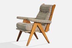 Italienischer Designer, Loungesessel, Holz, Stoff, Italien, 1960er Jahre