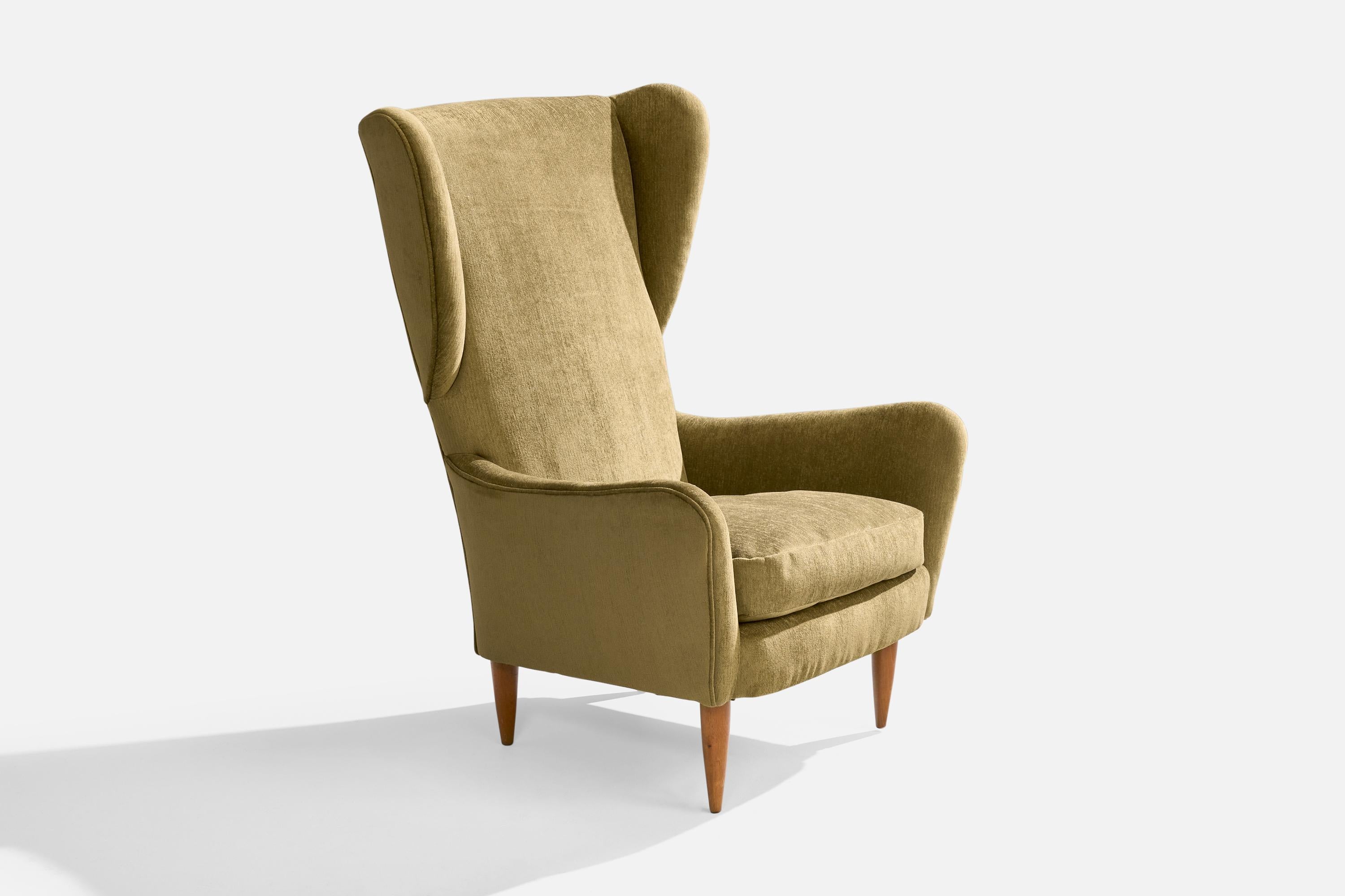 A wood and green velvet lounge chair or high-back chair designed and produced in Italy, c. 1940s.

Reupholstered in brand new velvet.

Dimensions: 40” H x 28.75” W x 31” D

Seat Height: 16.5”

All upholstered furniture can be reupholstered upon