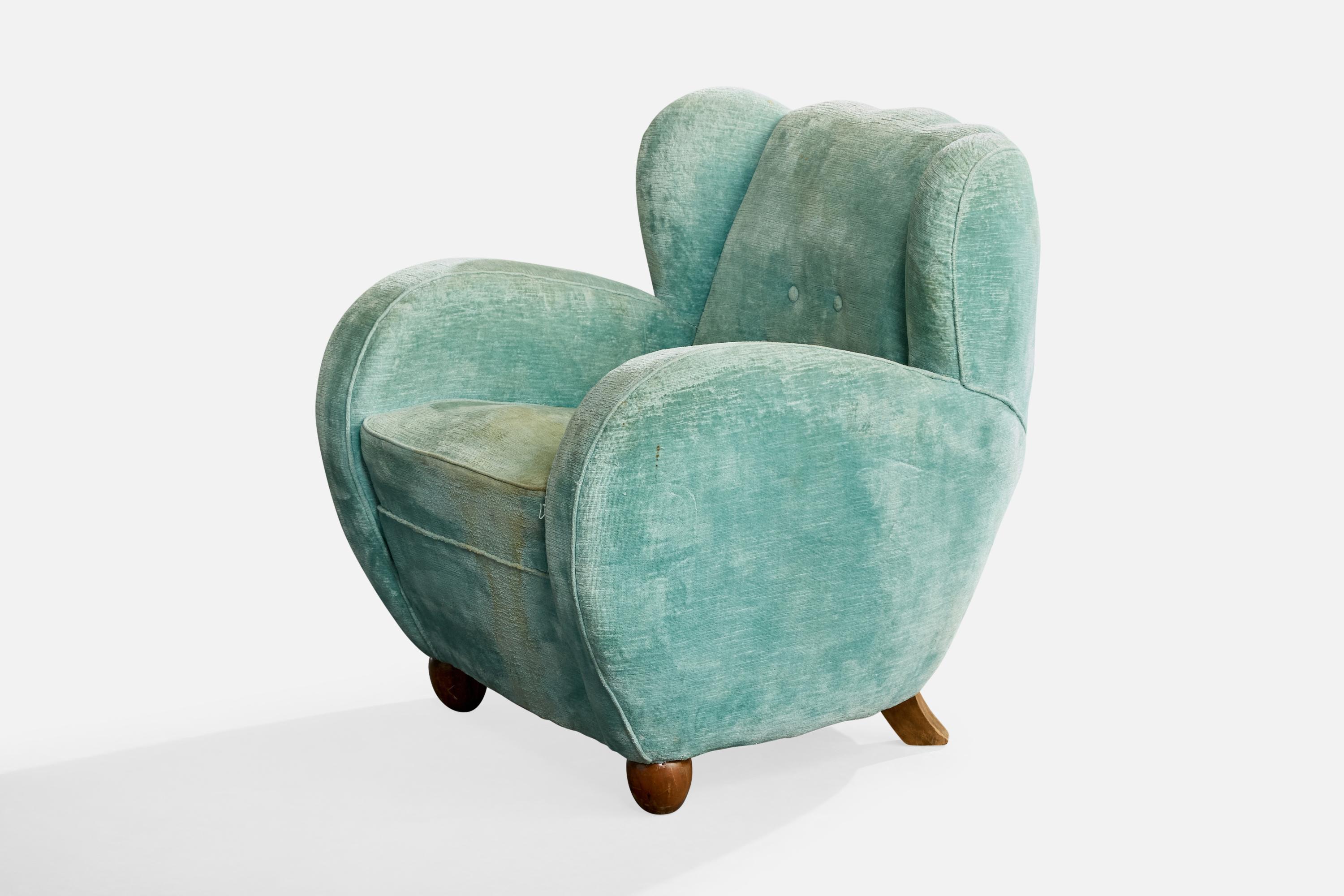 Designer italien, chaise longue, bois, velours, Italie, années 1940 État moyen - En vente à High Point, NC