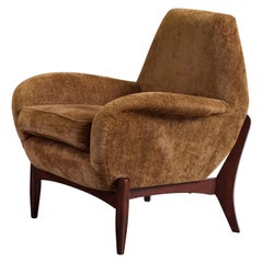 Italian Designer, Lounge Chair, Wood, Velvet, Italy, 1960s